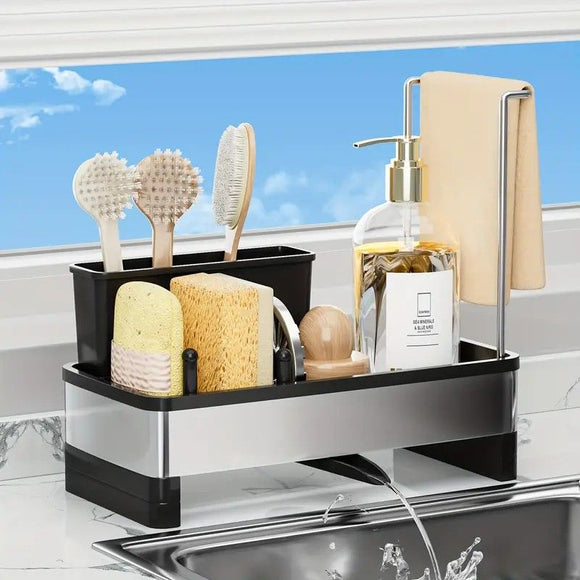 No Drill 360° Rotating Drain Sponge Holder with Tray Kitchen Sink Organizer(GREY)
