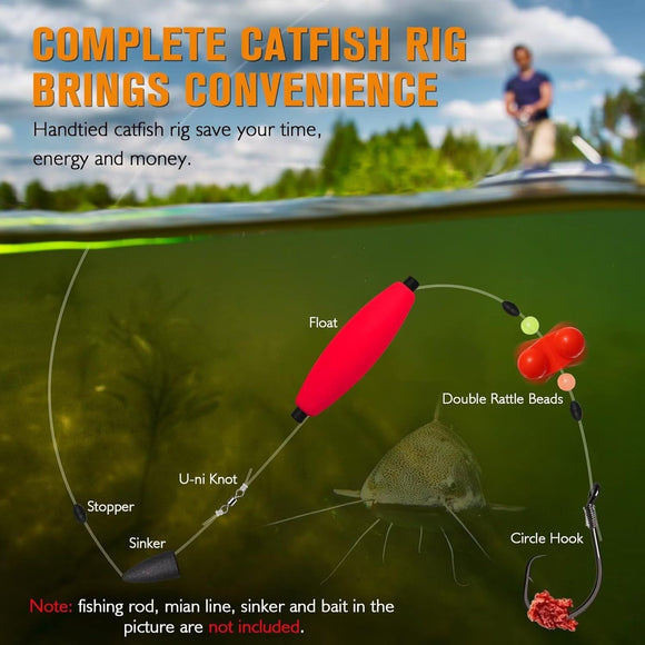 Pre-Tied Catfish Rig System, 23 Inch 55LB Santee Cooper Catfish Float Rig with Adjustable EVA Slip Float and High Carbon Circle Hooks 5/0 6/0 8/0, Ready-to-Fish for River and Bank Fishing(Cigar Float-6/0Hook * 6PCS)