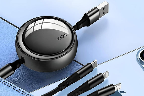 3 In 2 Retractable Multi Charging Cable Retracted USB C Cell Phone Charger
