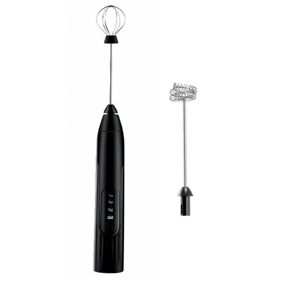 Handheld Milk Frother USB Rechargeable 3 Speeds Electric Foam Wand with 2 Whisks - Black