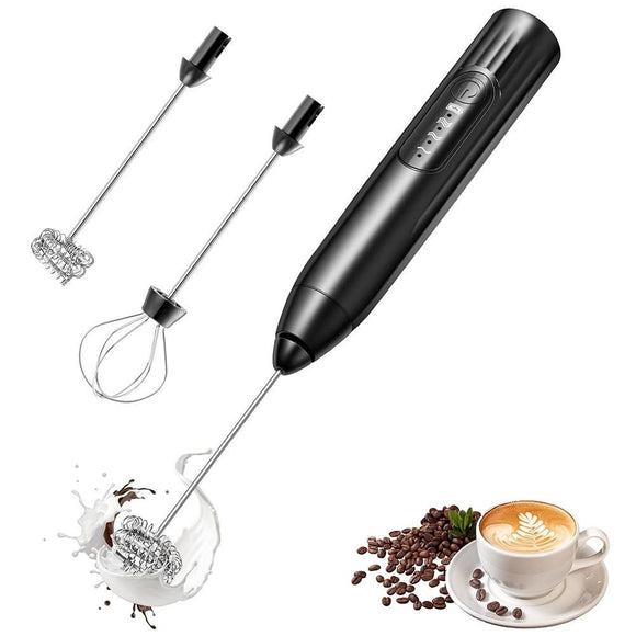 Handheld Milk Frother USB Rechargeable 3 Speeds Electric Foam Wand with 2 Whisks - Black
