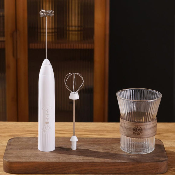 Handheld Milk Frother USB Rechargeable 3 Speeds Electric Foam Wand with 2 Whisks - White