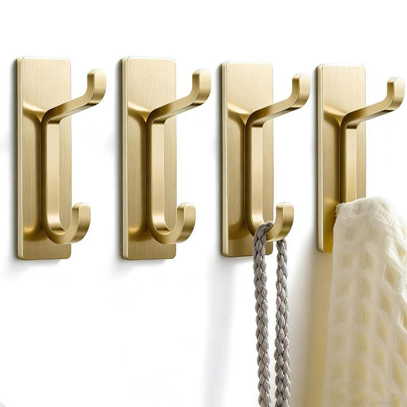 4 Pack Stainless Steel Double Adhesive Hooks with 3kg Capacity - Gold