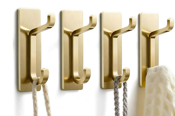 4 Pack Stainless Steel Double Adhesive Hooks with 3kg Capacity - Gold