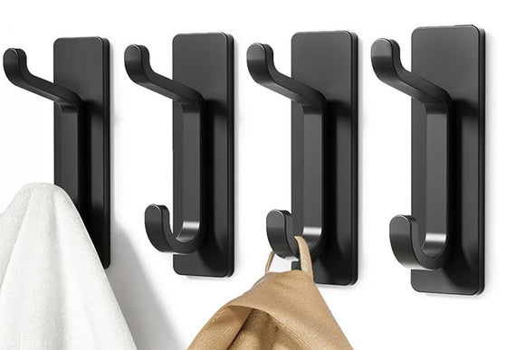 4 Pack Stainless Steel Double Adhesive Hooks with 3kg Capacity - Black
