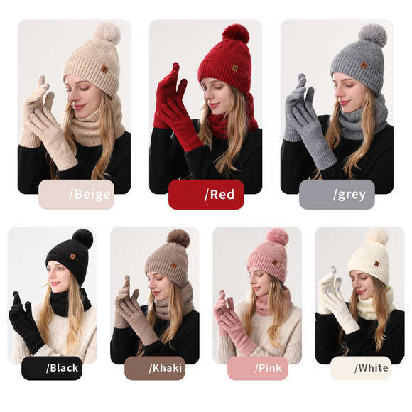 Women's Fashionable Winter 3-Piece Set: Knit Hat, Scarf, and Gloves.  A must-have for outdoor skiing and cycling—Gray