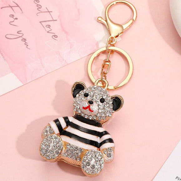 Black - Rhinestone Striped Bear Keychain, Cute Enamel Cartoon Bear Bag Charm Pendant, Alloy Bling Key Ring Accessories for Gifts & Bag Decoration