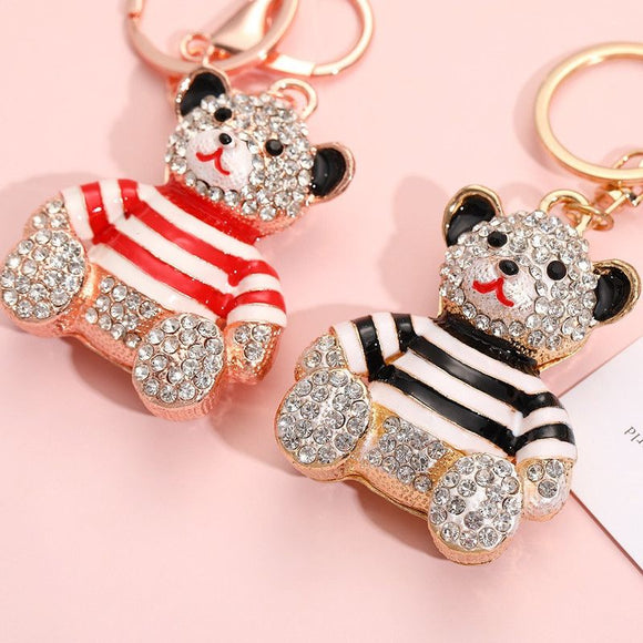 Blue - Rhinestone Striped Bear Keychain, Cute Enamel Cartoon Bear Bag Charm Pendant, Alloy Bling Key Ring Accessories for Gifts & Bag Decoration