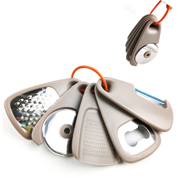 5 In 1 Portable Kitchen Gadget Set, Stainless Steel Pizza Cutter, Peeler, Cheese Grater, Garlic Grinder & Bottle Opener Multi-function Kitchen Tools(2-pack)