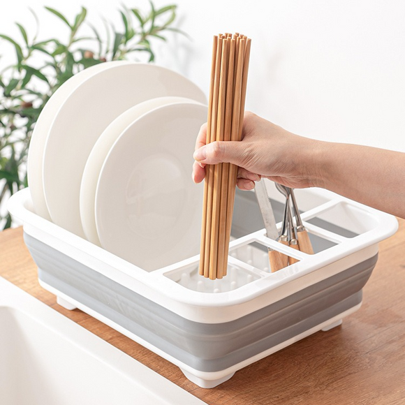 Multi Compartment Plastic Kitchen Utensil Holder, Foldable Dish Drain Basket for Bowl Plate Cup Chopsticks Storage