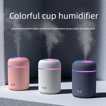 Mini Colorful Cup Humidifier, 300ml Portable USB Cool Mist Humidifier with 7-Color Night Light, for Car, Bedroom, Desk, and Office - Pink - 0