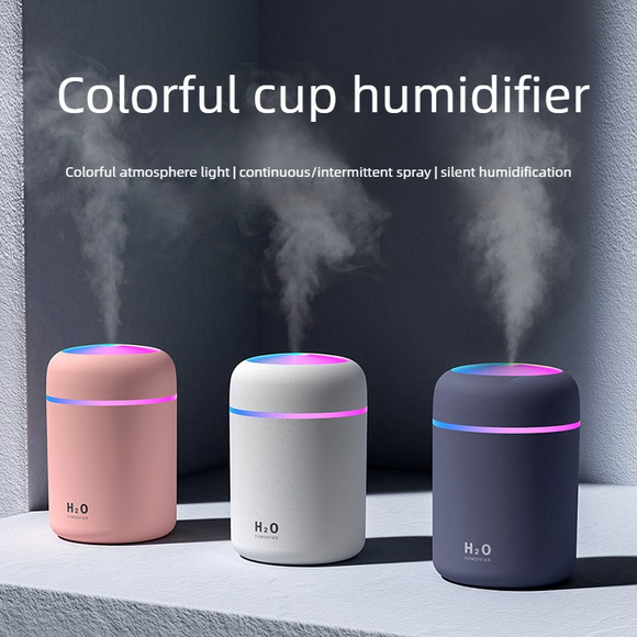 Mini Colorful Cup Humidifier, 300ml Portable USB Cool Mist Humidifier with 7-Color Night Light, for Car, Bedroom, Desk, and Office - Gray