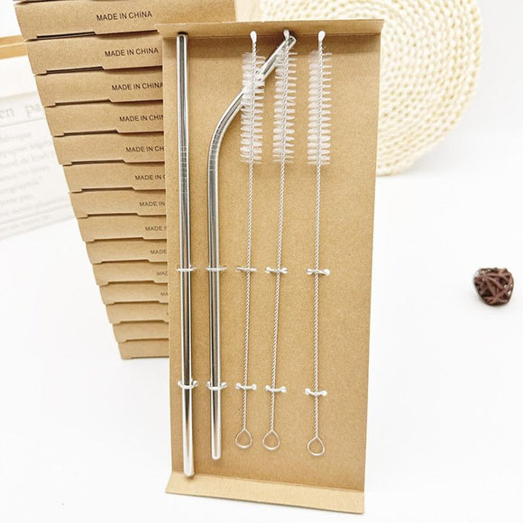 Food-Grade 304 Stainless Steel Drinking Straw Set—1 Straight Straw + 1 Curved Straw