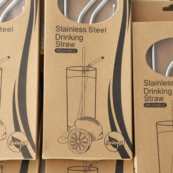 Food-Grade 304 Stainless Steel Drinking Straw Set—1 Straight Straw + 1 Curved Straw