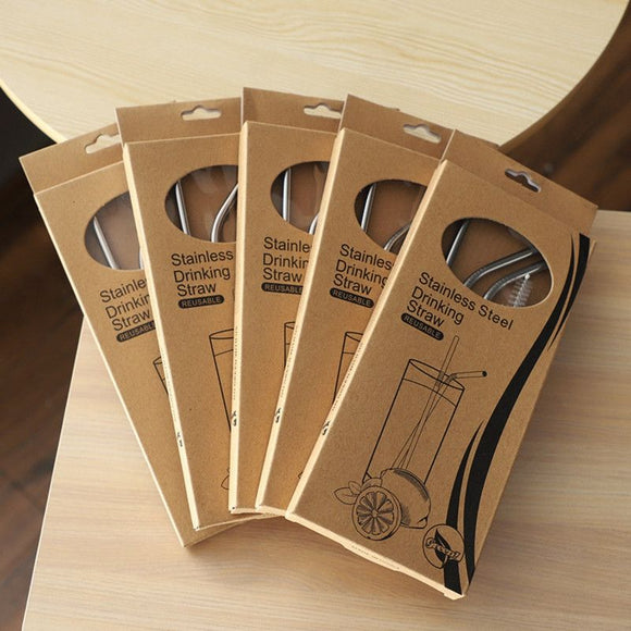 Food-Grade 304 Stainless Steel Drinking Straw Set—1 Straight Straw + 1 Curved Straw