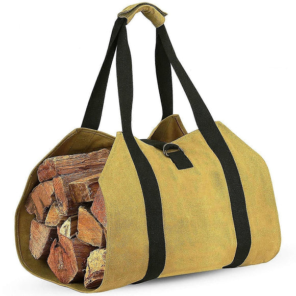 Firewood Log Carrier Bag, Khaki Oxford Wood Storage Tote for Camping and Fireplace