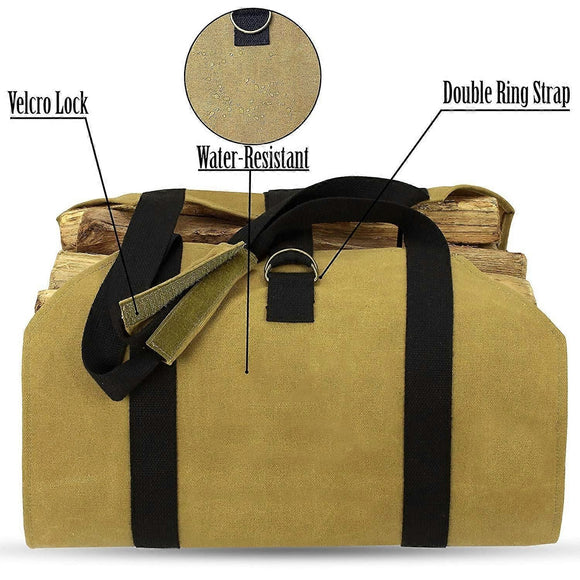 Firewood Log Carrier Bag, Khaki Oxford Wood Storage Tote for Camping and Fireplace