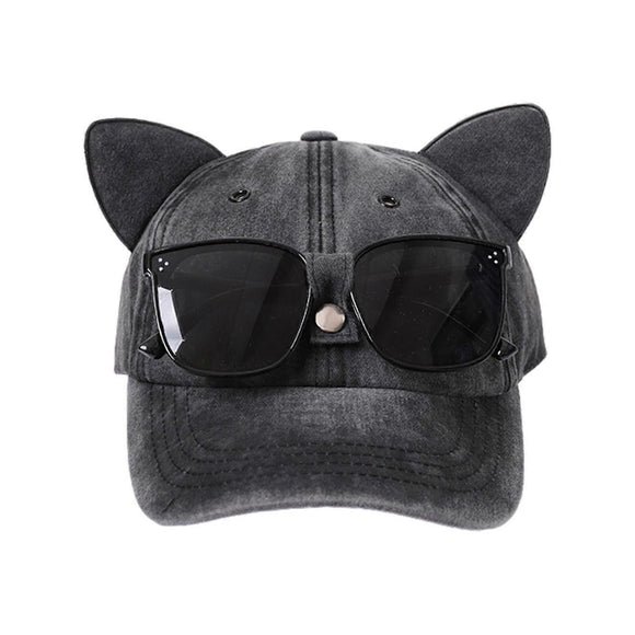 Cat Ear Baseball Cap with Sunglasses Decor, Adjustable Summer Outdoor Cap - Black