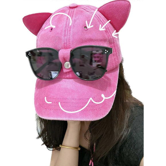 Cat Ear Baseball Cap with Sunglasses Decor, Adjustable Summer Outdoor Cap - Black