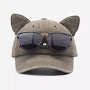 Cat Ear Baseball Cap with Sunglasses Decor, Adjustable Summer Outdoor Cap - Khaki-1