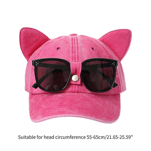 Cat Ear Baseball Cap with Sunglasses Decor, Adjustable Summer Outdoor Cap - Rose Red