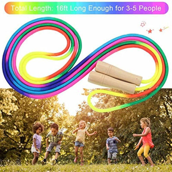 16Ft Adjustable Multi Person Long Jump Rope Wooden Handle Colorful Fitness Equipment