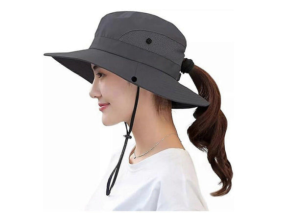Wide Brim Bucket Hat, Breathable Hiking Fisherman Sun Hat, Grey