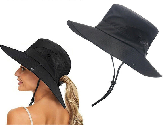 Wide Brim Bucket Hat, Breathable Hiking Fisherman Sun Hat, Black
