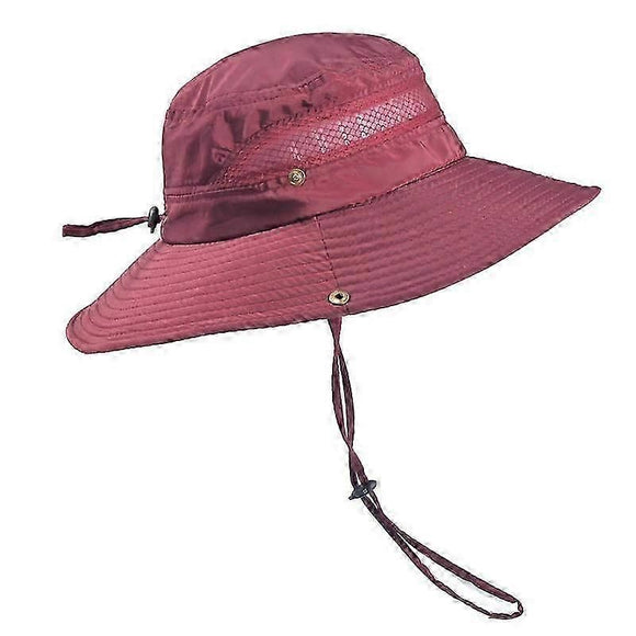 Wide Brim UV Protection Sun Hat, Breathable Mesh Fishing and Hiking Hat - Wine Red