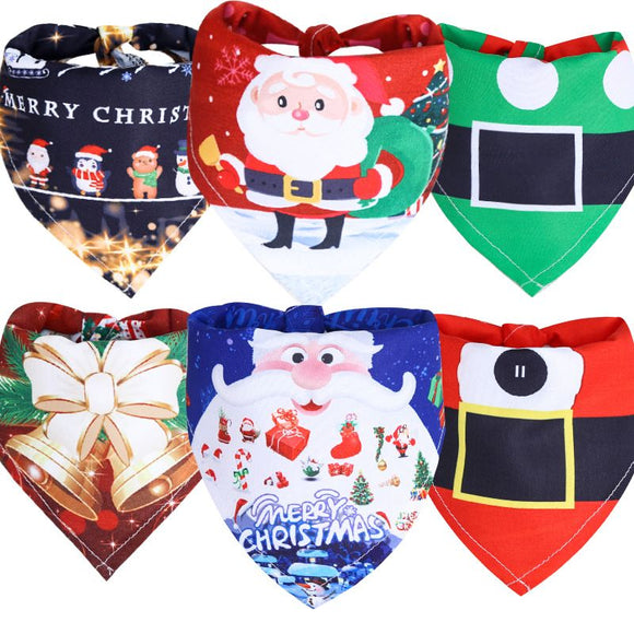 Dog Christmas Triangle Scarf Cotton Cartoon (Anhui hair) triangle towel wine red background double bell Small size (suitable for pets within 10 Jin)