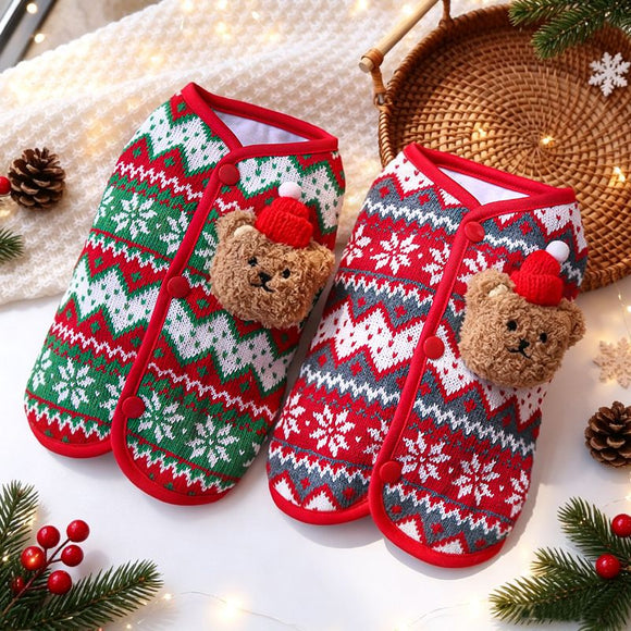 Dog Vest Christmas Bear Knitted Warm Green Red Knitted Snowflake Bear (Christmas Vest) M (Chest 40cm, Weight 5-8 jin)