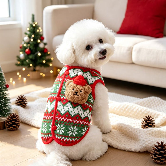 Dog Vest Christmas Bear Knitted Warm Green Red Knitted Snowflake Bear (Christmas Vest) L (Chest 45cm, Weight 8-12 jin)