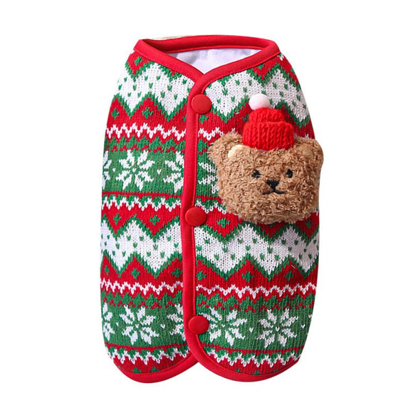 Dog Vest Christmas Bear Knitted Warm Green Red Knitted Snowflake Bear (Christmas Vest) L (Chest 45cm, Weight 8-12 jin)