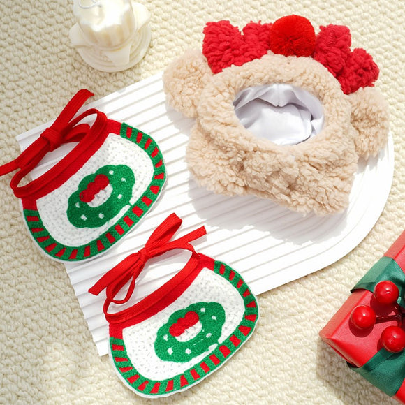 Pet Christmas Hat Bandana Wearable Accessories Red base pet bib (suitable for pets under 15 lbs)