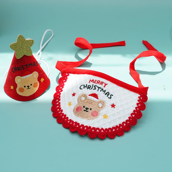 Noon Christmas Pet Hat Scarf Set Cartoon Bear Red Green A07G Green Bear Christmas Set One Size