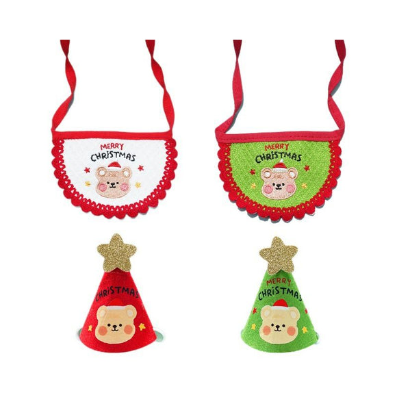 Noon Christmas Pet Hat Scarf Set Cartoon Bear Red Green A07G Green Bear Christmas Set One Size