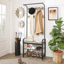 Greige and Black Steel Freestanding Coat Rack Stand with Removable Hooks, Bench and Shoe Rack, Height 183 cm-2