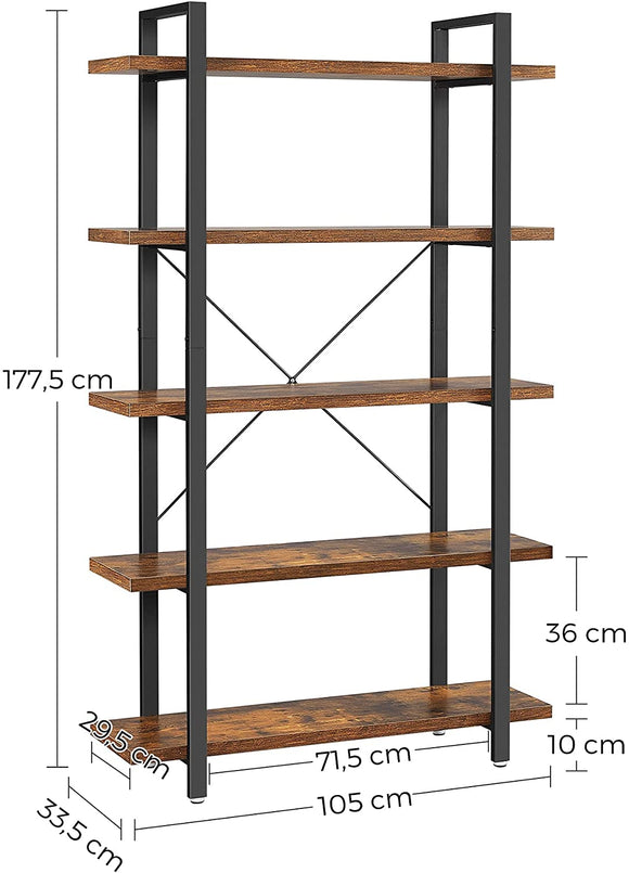 Bookshelf 5-Tier Industrial Stable Bookcase Rustic Brown and Black