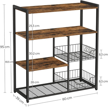 Baker's Rack with 2 Metal Mesh Baskets, Shelves and Hooks, 80 x 35 x 95 cm, Industrial Style, Rustic Brown - 0