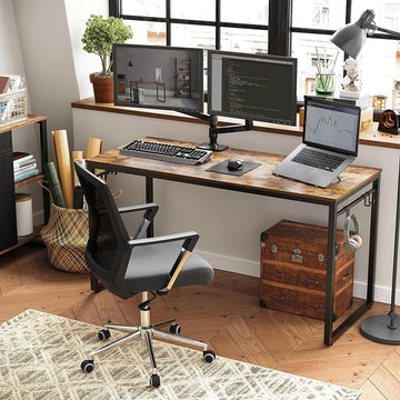 Home Office Desk with 8 Hooks 140 x 60 x 75 cm Rustic Brown and Black - 0