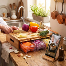 Large Bamboo Cutting Board and 4 Containers with Mobile Holder gift included for Home Kitchen - 0