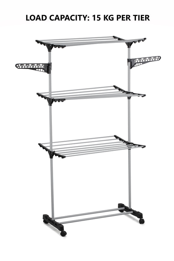 Folding 3 Tier Clothes Laundry Drying Rack with Stainless Steel Tubes for Indoor & Outdoor Home