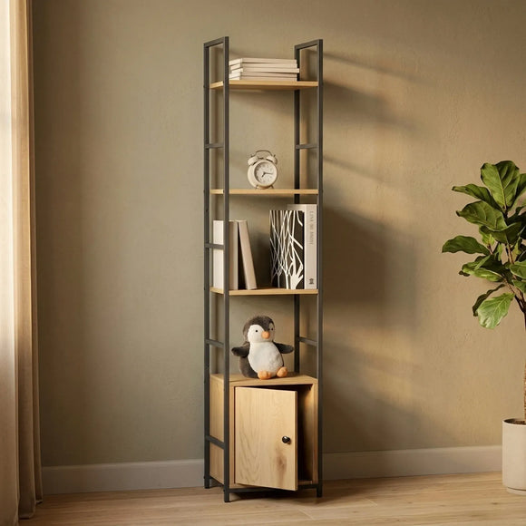 CARLA HOME 5 Tier Bookshelf with Cabinet - Brown - Storage Cabinet - Rustic - Steel