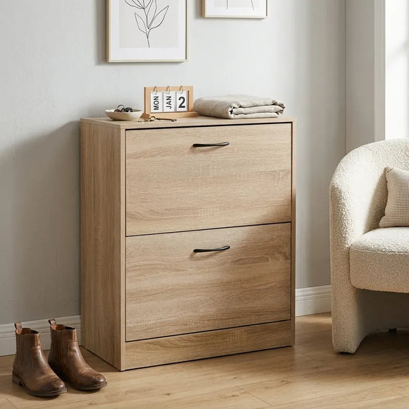 CARLA HOME 2 Flip Drawer Shoe Cabinet - Hidden Storage - Modern - Shoe Storage Cabinet - Oak