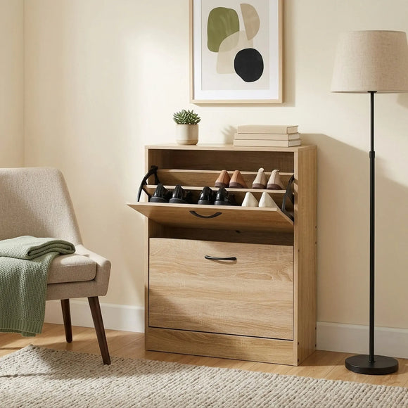 CARLA HOME 2 Flip Drawer Shoe Cabinet - Hidden Storage - Modern - Shoe Storage Cabinet - Oak