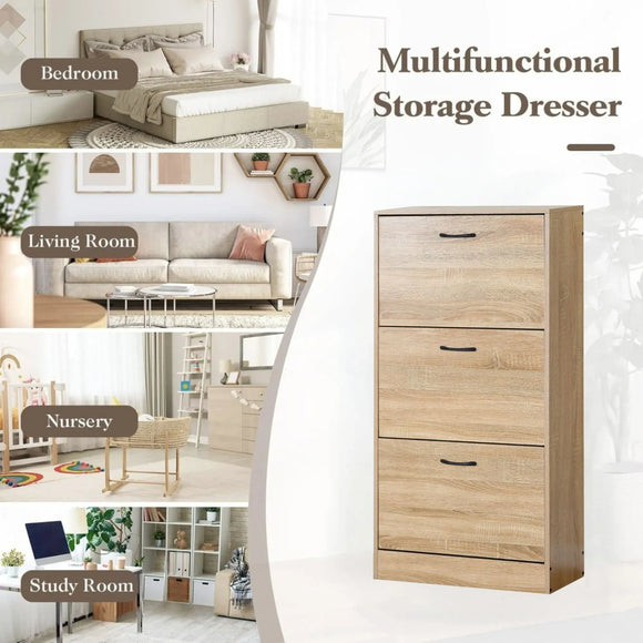 CARLA HOME 3 Flip Drawer Shoe Cabinet - Hidden Storage - Modern - Shoe Storage Cabinet - Oak