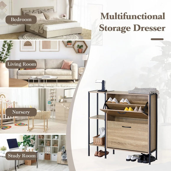 CARLA HOME 2 Flip Shoe Cabinet with Side Shelf - 88 cm Oak - Brown - Shoe Cabinet With Shelf