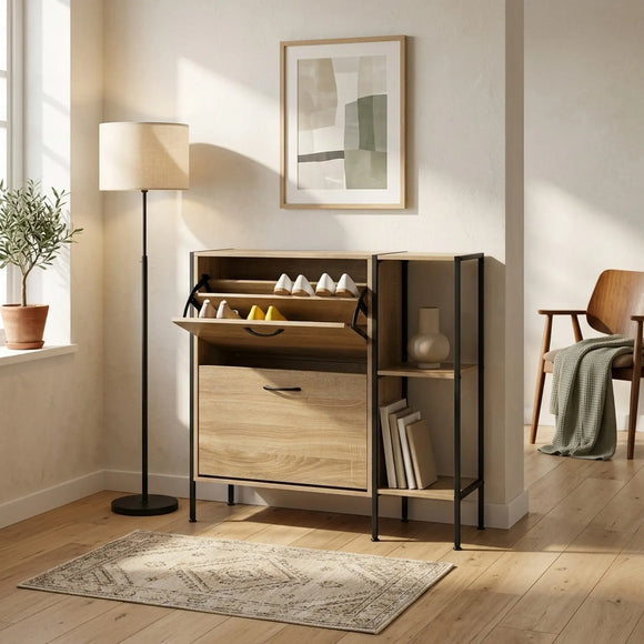 CARLA HOME 2 Flip Shoe Cabinet with Side Shelf - 88 cm Oak - Brown - Shoe Cabinet With Shelf