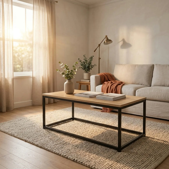 CARLA HOME Modern Rustic Coffee Table - Wood Top Metal Frame - Brown - Steel - Modern Coffee Table