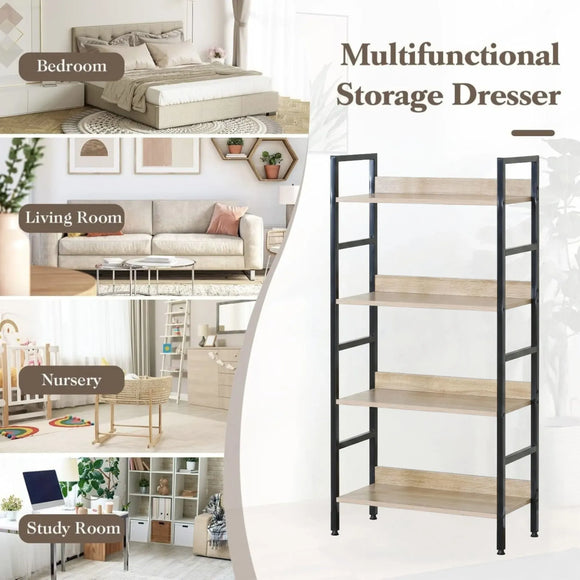 CARLA HOME 4 Tier Bookshelf - Wood Metal Display Shelf - Brown - Rustic - Steel - Living Room Office
